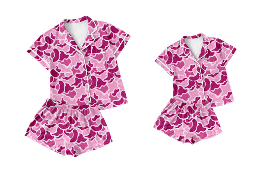 Baby Girl Toddler Adult Women Short Sleeves Camo Pink Shorts Sibling Family Shorts Pajamas Set ( Moq 5 Each Style ) 12.14