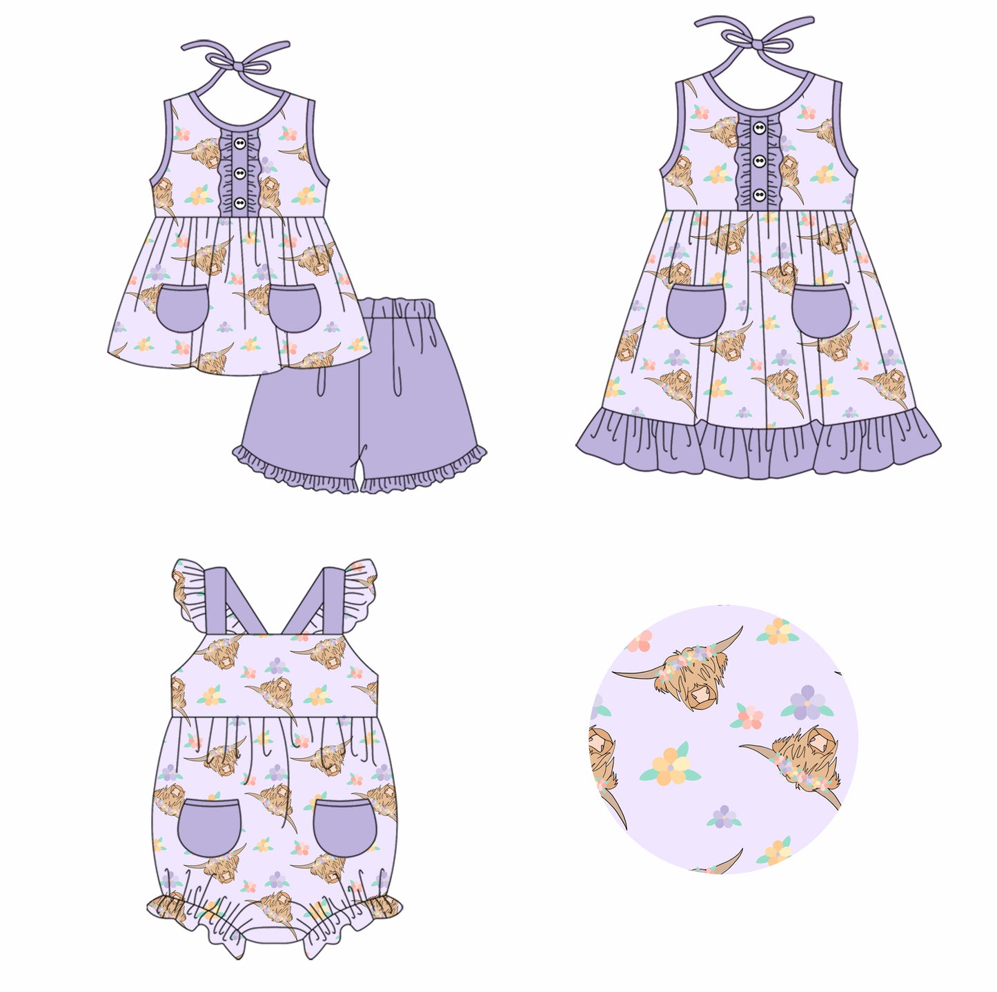 Baby Girl Western Cow Flower Sibling Romper Dress Clothes Set ( Moq 5 Each Design ) 11.26