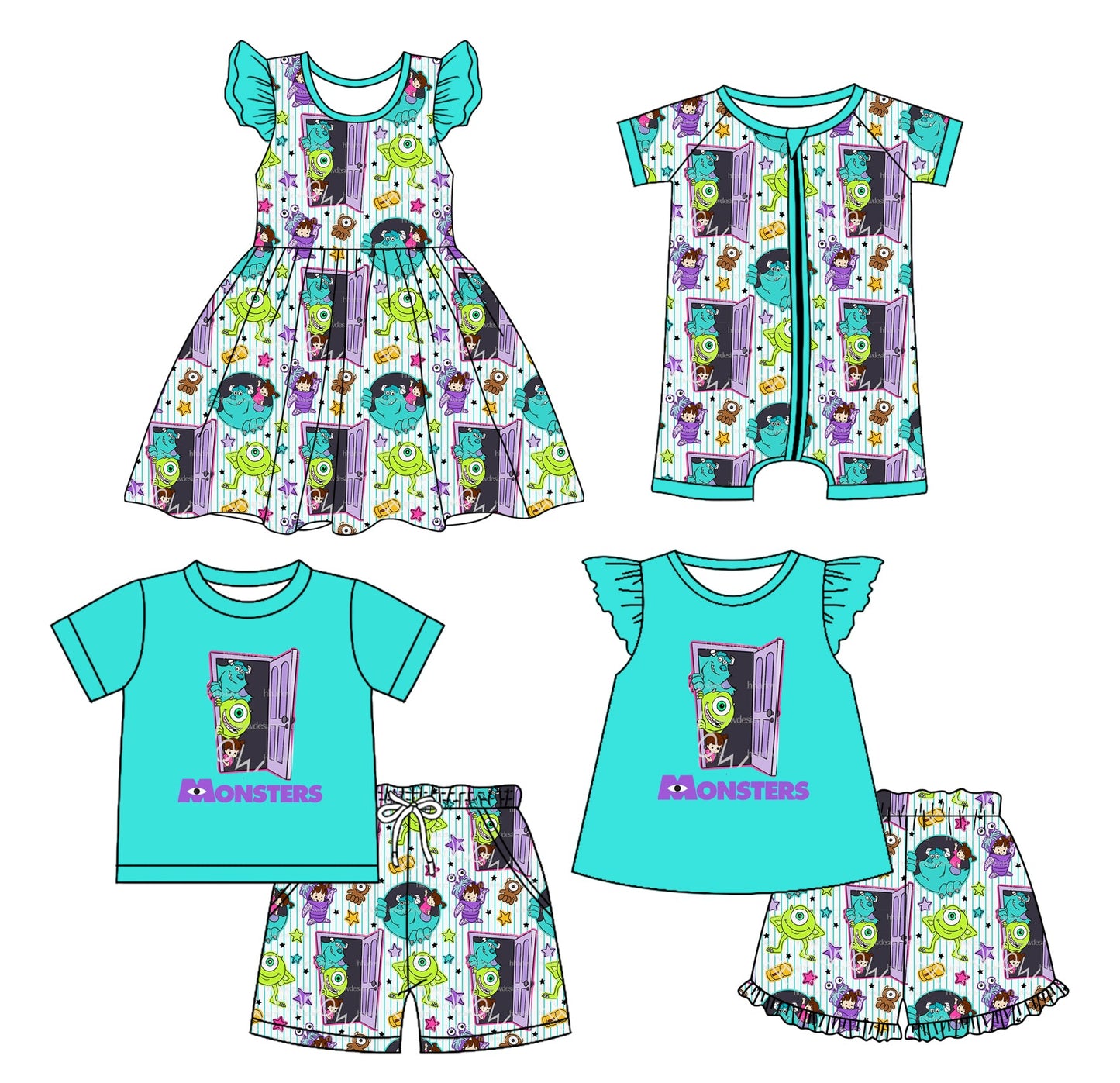Baby Boy Girl Short Sleeves Monsters Sibling Romper Dress Set ( Moq 5 Each Style ) 3.17