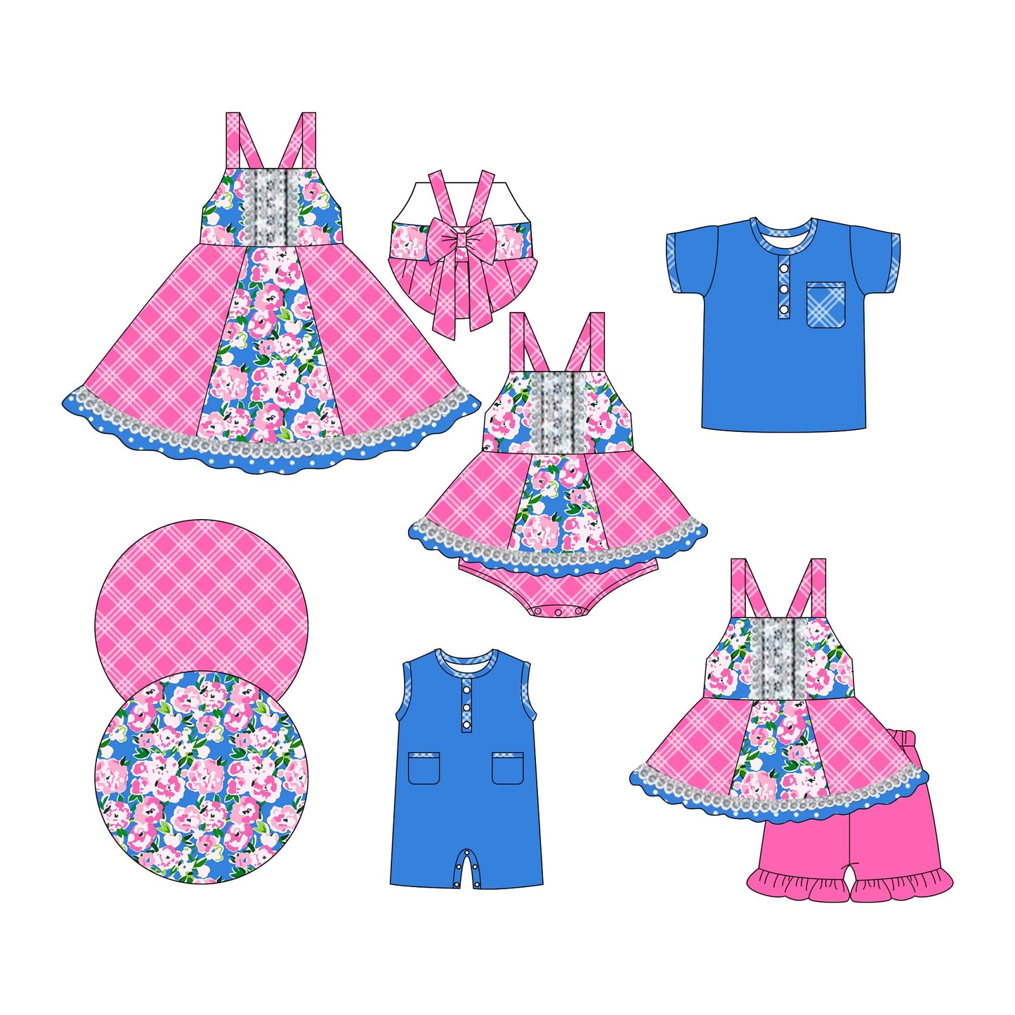 Baby Boy Girl Flower Plaid Sibling Romper Dress Set ( Moq 5 Each Style ) 3.6