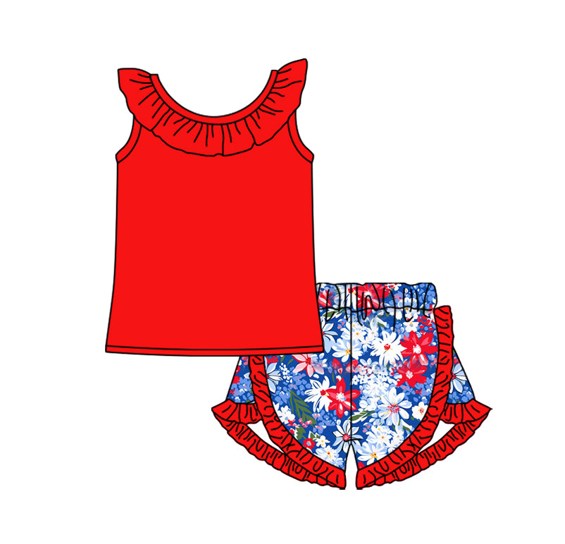 Baby Girl Red Cotton Shirt Flower Shorts Clothes Set Moq 5