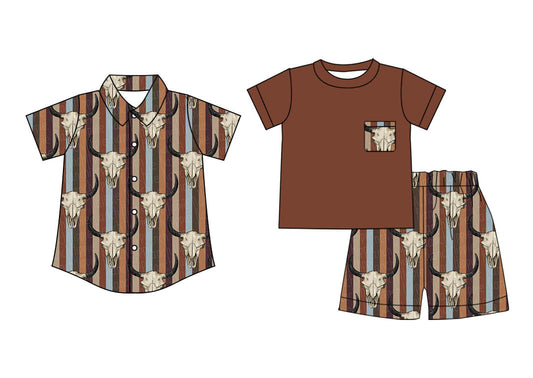 ( Moq 5 Each Style ) Baby Boy Short Sleeves Western Cow Stripes Sibling Shirt Set