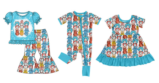 Baby Girl Short Sleeves Reading Easter Sibling Blue Romper Dress Clothes Set ( Moq 5 Each Design )11.28