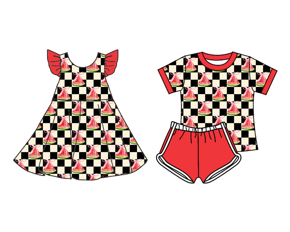 ( Moq 5 Each Style ) Baby Girl Short Sleeves Watermelon Bows Plaid Sibling Summer Dress Set 4.19