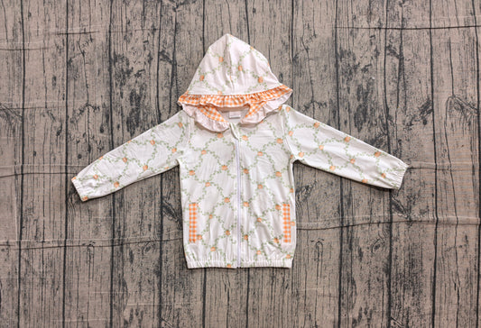 ( No moq ) Preorder Baby Girls Kids Long Sleeve Pumpkins Pockets Plaid Hoodie Zipper Tops Fall Clothes