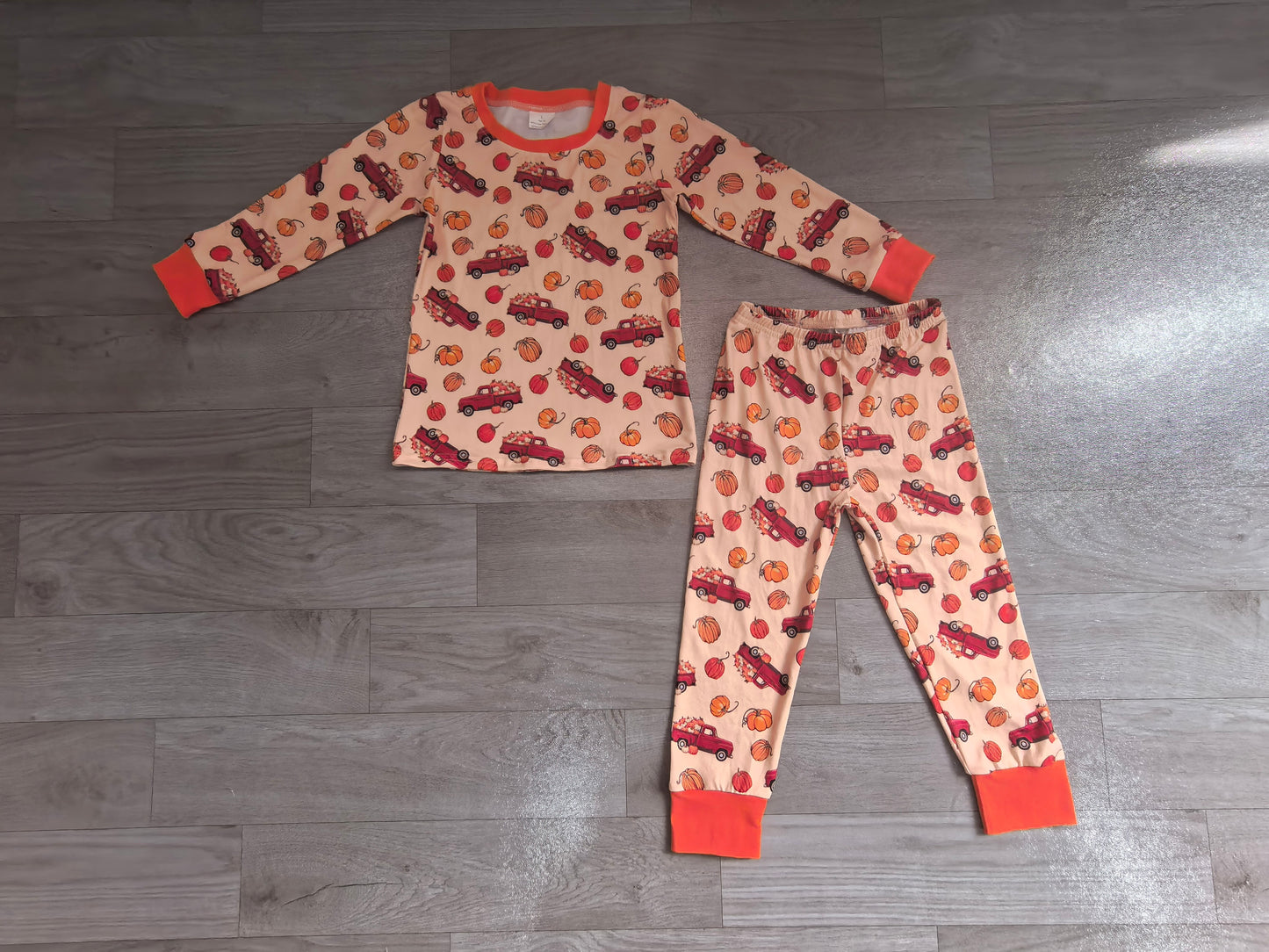 ( No moq ) Preorder Baby Boys Kids Long Sleeves Pumpkins Trucks Shirt Pants Set Pajamas Fall Clothes
