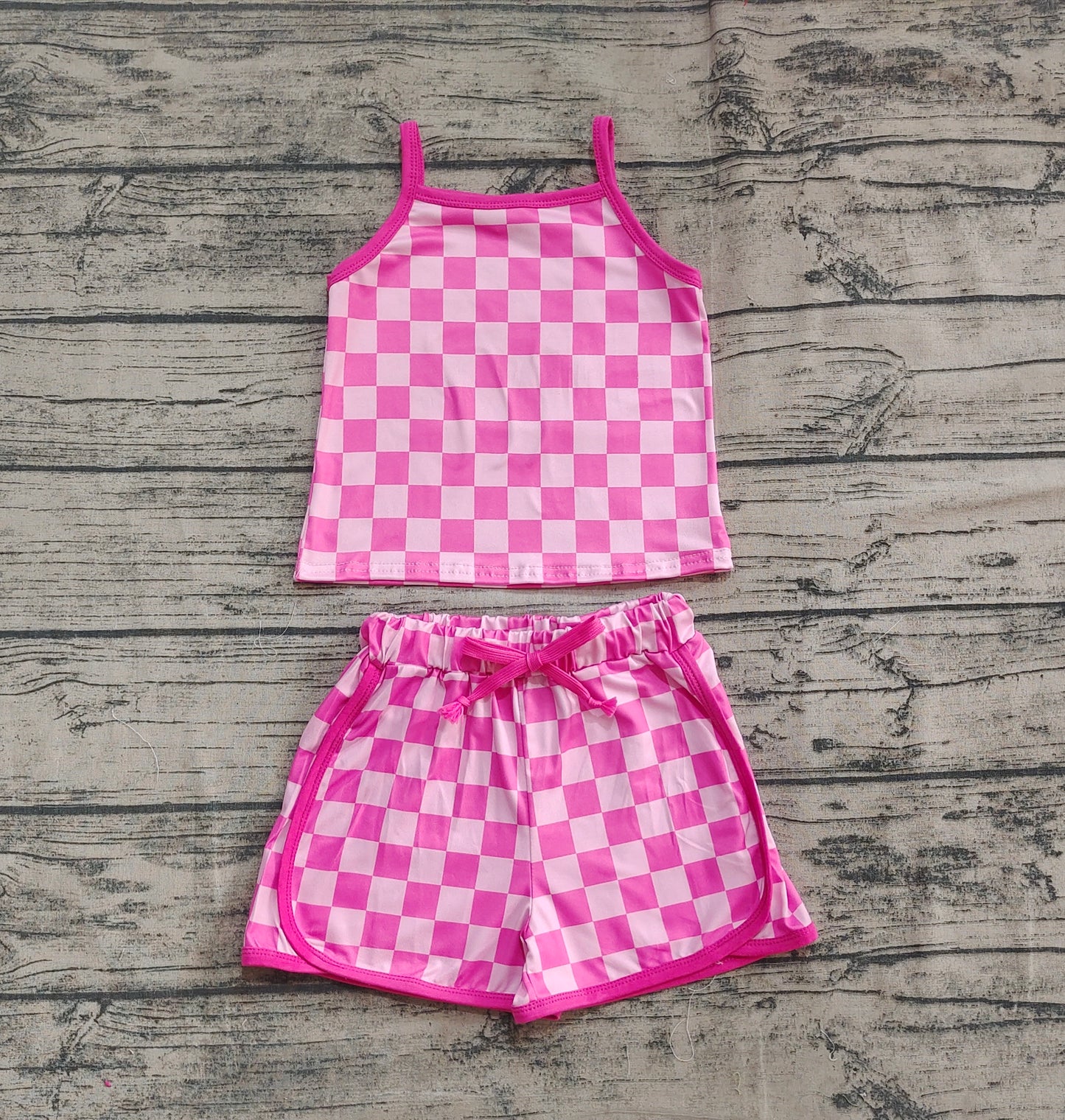 Baby Girl Strap Pink Checked Vest Tops Short Sports Set RTS