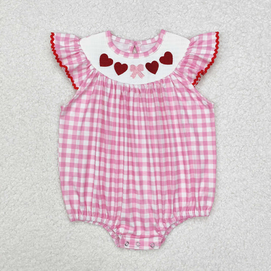 Baby Girl Infant Embroidery Valentines Hearts Bow Pink Plaid Smocked Bubble Romper