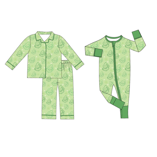 ( Moq 5 Each Style ) Girls Kids Toddler Green Face Christmas Sibling Zipper Romper Pajamas Set