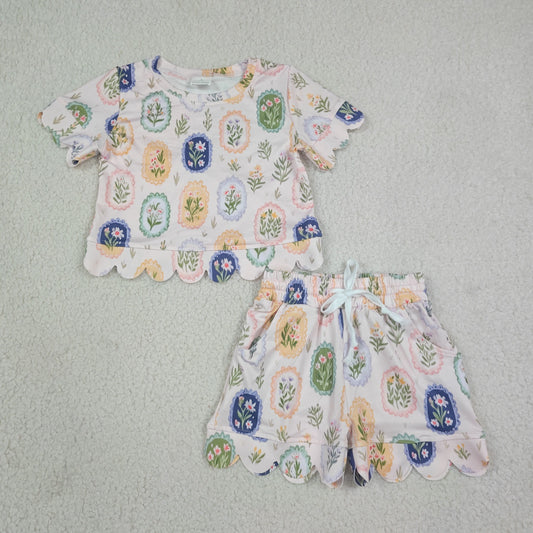 Baby Girl Kids Short Sleeves Flower Shirt Shorts Set Scallop Clothes RTS