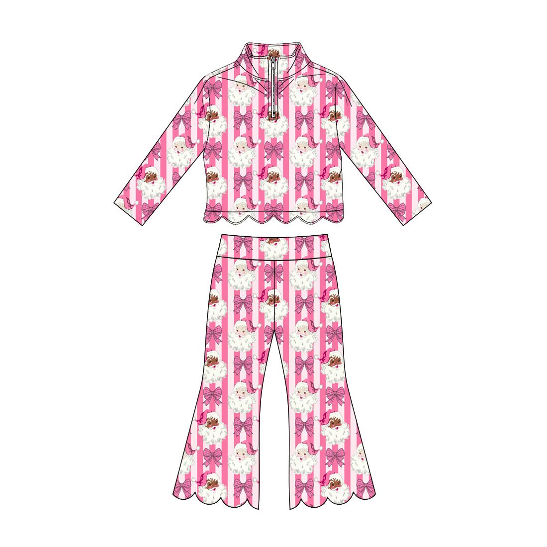 ( Moq 5 ) Preorder Baby Girls Kids Christmas Santa Bows Stripes Shirt Bell Pants Set Clothes