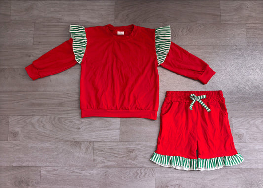 ( No moq ) Preorder Baby Girls Kids Long Sleeves Tops Pockets Shorts Cotton Set Red Clothes