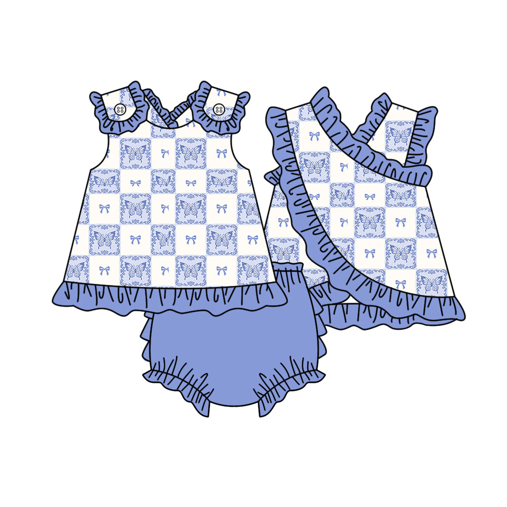( Moq 5 ) Preorder Baby Girl Kids Sleeveless Butterfly Bow Plaid Tops Ruffle Blue Bummie Shorts Set Clothes