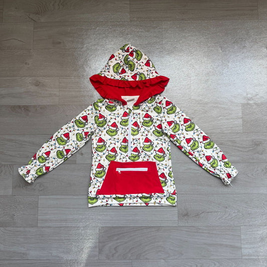 Baby Girl Long Sleeves Green Face Lights Zipper Pocket Hoodie Christmas Shirt RTS