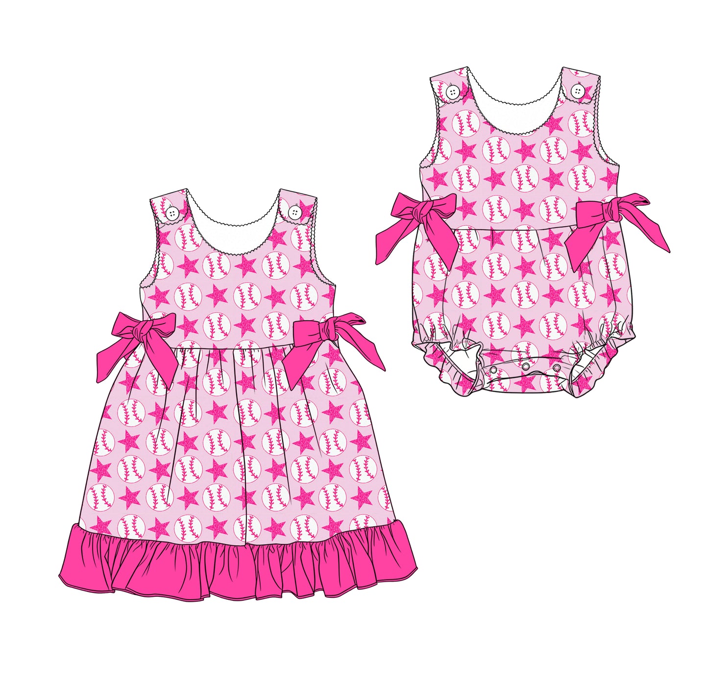 ( Moq 5 Each Style ) Baby Girls Kids Sleeveless Baseball Stars Sibling Pink Summer Romper Dress