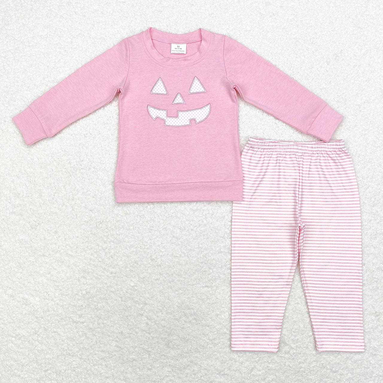 Baby Girl Pink Halloween Embroidery Smile Shirt Stripes Pants Set