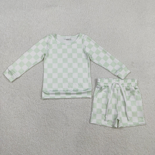 Baby Kids Toddler Long Sleeves Light Green Checked Tops Pockets Shorts Clothes Set RTS