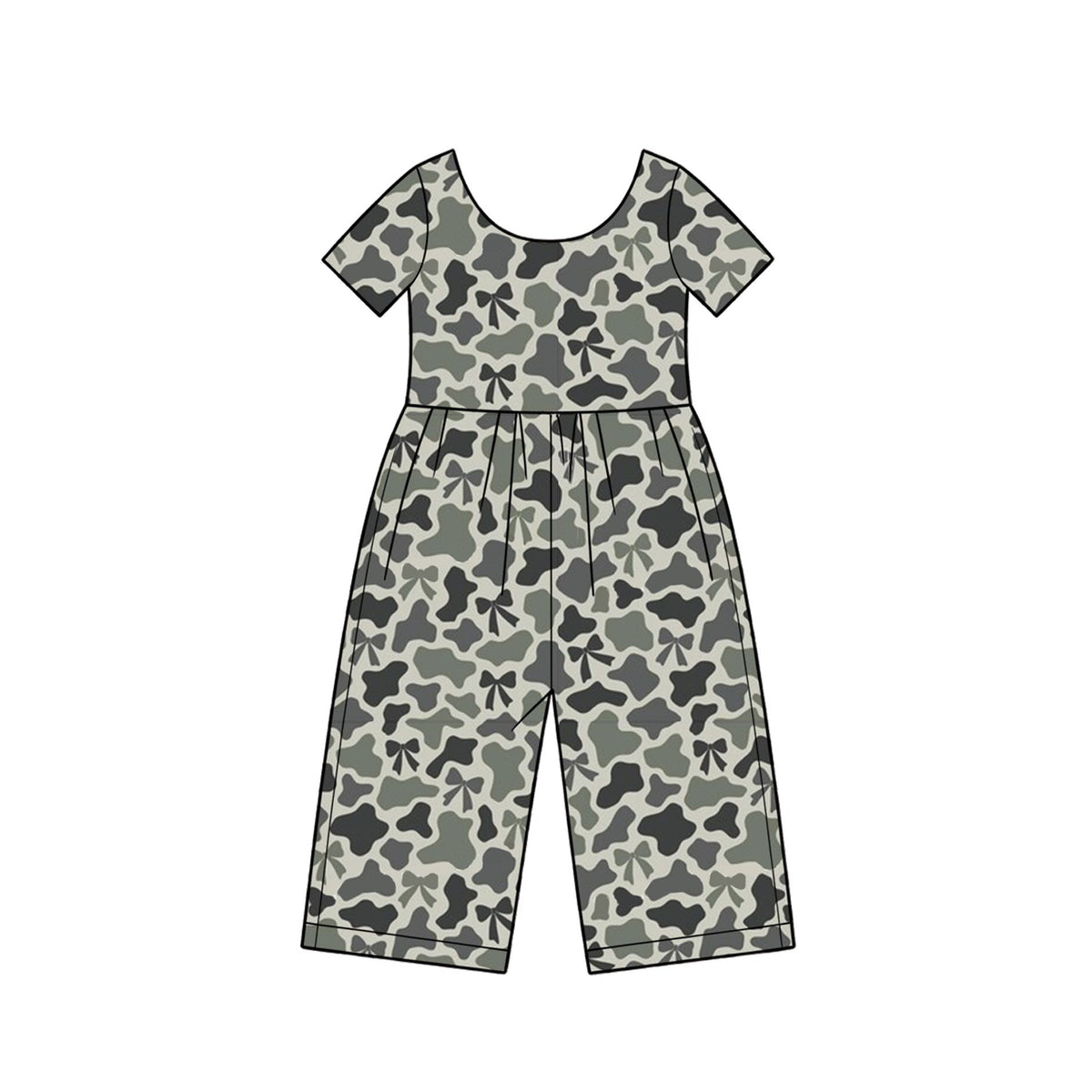 ( Moq 5 ) Preorder Baby Girl Kids Short Sleeves Bows Pants Camo Jumpsuit Green Clothes