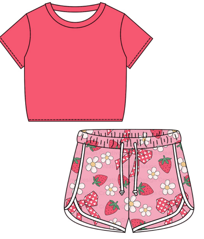 Baby Girl Short Sleeves Shirt Strawberry Flower Bows Shorts Clothes Set Moq 5