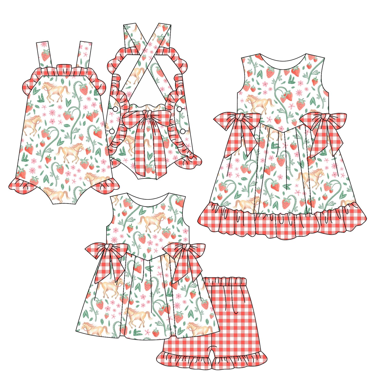 Baby Girl Horse Strawberry Sibling Romper Dress Set ( Moq 5 Each Style ) 2.15