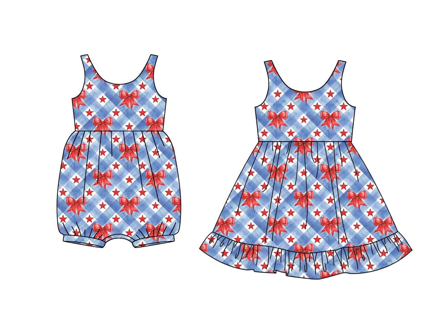 Baby Girl July 4th Stars Bows Sibling Jumpsuit Dress ( Moq 5 Each Style ) 1.23