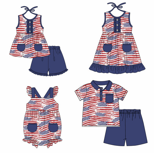 Baby Boy Girl Sibling July 4th Flag Summer Dress Romper Clothes Set ( Moq 5 Each style )11.23