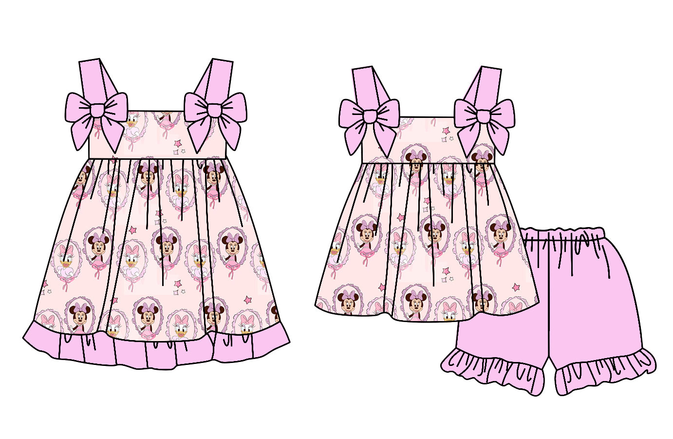 Baby Girl Straps Bows Cartoon Mouse Ducks Sibling Dress Set ( Moq 5 Each Style ) 3.21