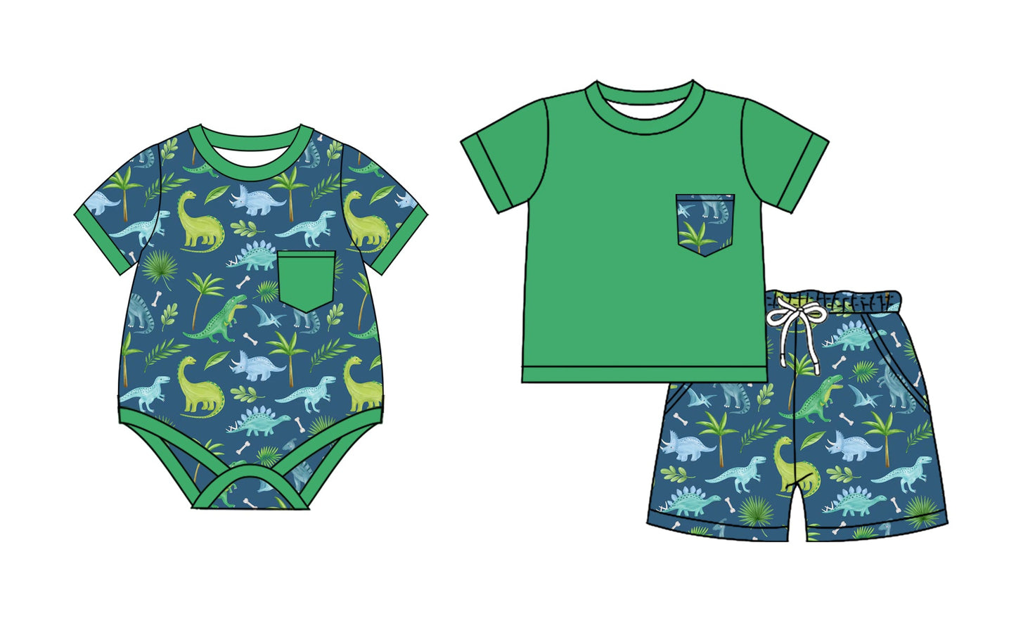 Baby Boy Short Sleeves Dinosaurs Green Sibling Romper Set ( Moq 5 Each Style ) 2.8