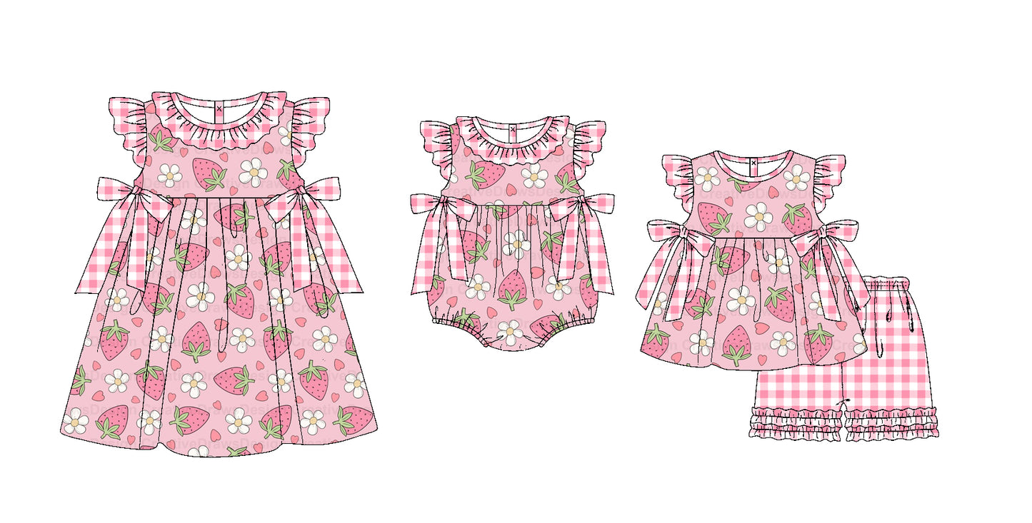 Baby Girl Strawberry Flower Pink Bows Sibling Romper Dress Clothes Set ( Moq 5 Each Design )11.19