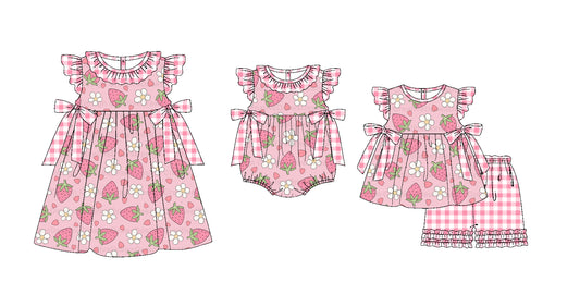 Baby Girl Strawberry Flower Pink Bows Sibling Romper Dress Clothes Set ( Moq 5 Each Design )11.19