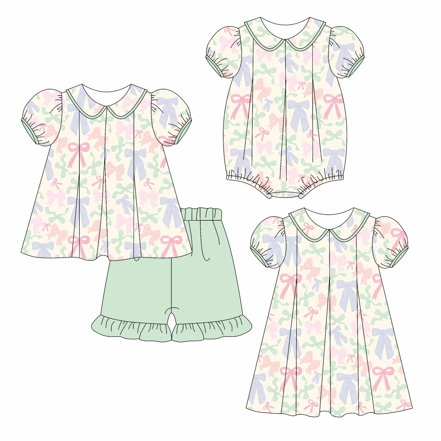 ( Moq 5 Each Style ) Baby Girl Short Sleeves Bows Sibling Romper Green Dress Set 3.24