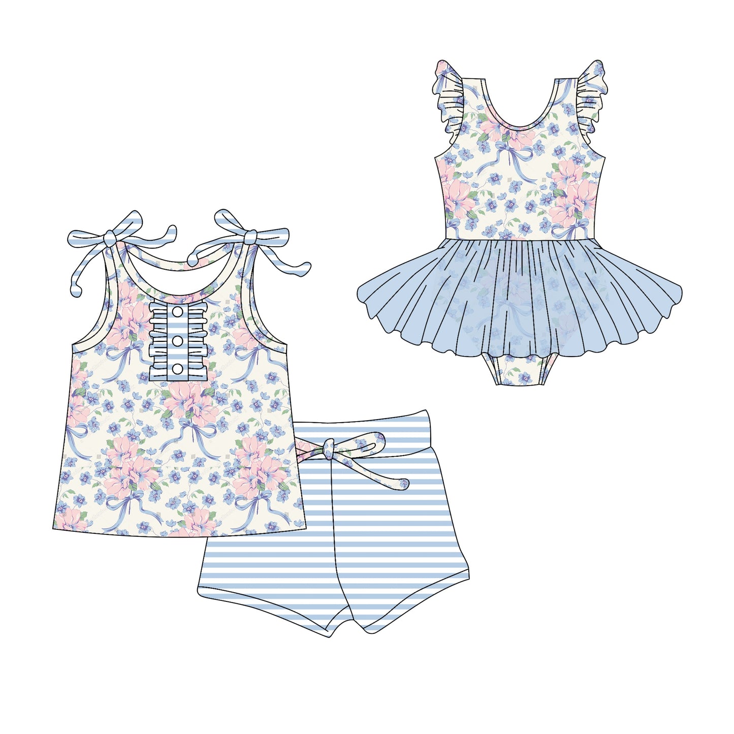 Baby Girl Summer Flower Blue Bows Sibling Romper Set ( Moq 5 Each Style ) 3.1