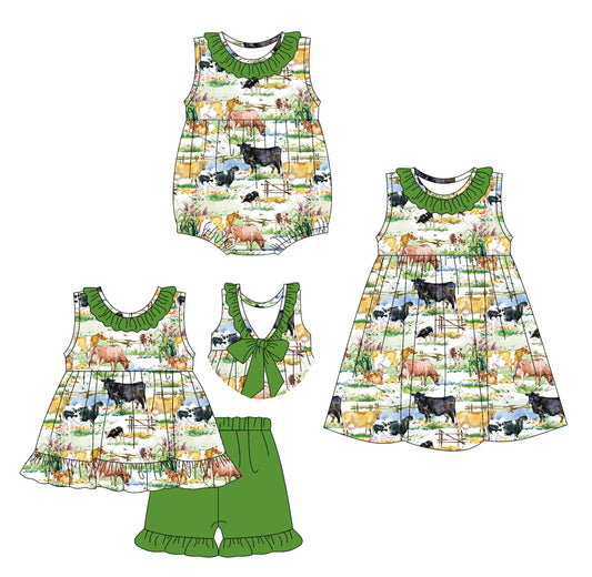 Baby Girl Sleeveless Farm Cow Green Sibling Romper Dress Set ( Moq 5 Each Style ) 3.19