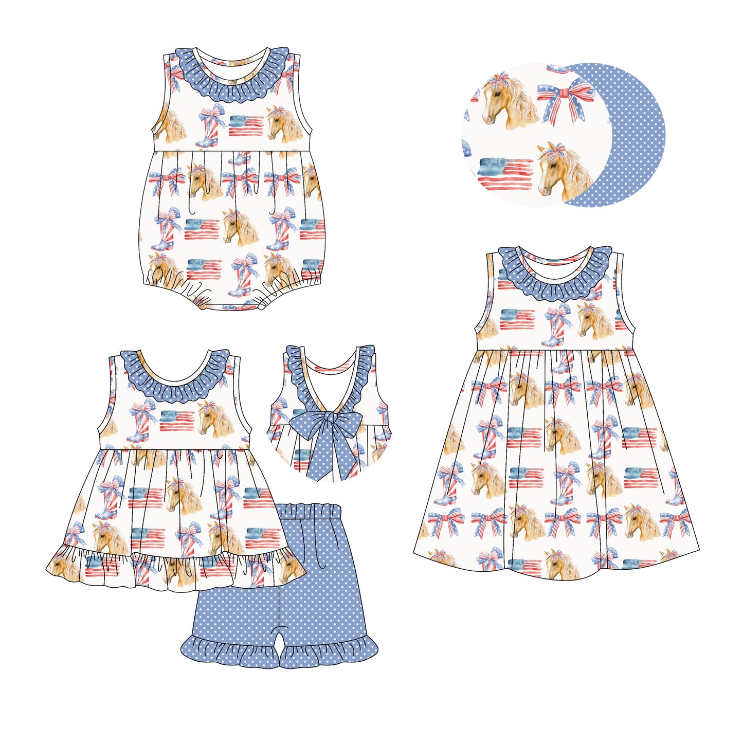 Baby Girl July 4th Horse Bows Sibling Romper Dress Set ( Moq 5 Each Style ) 2.27