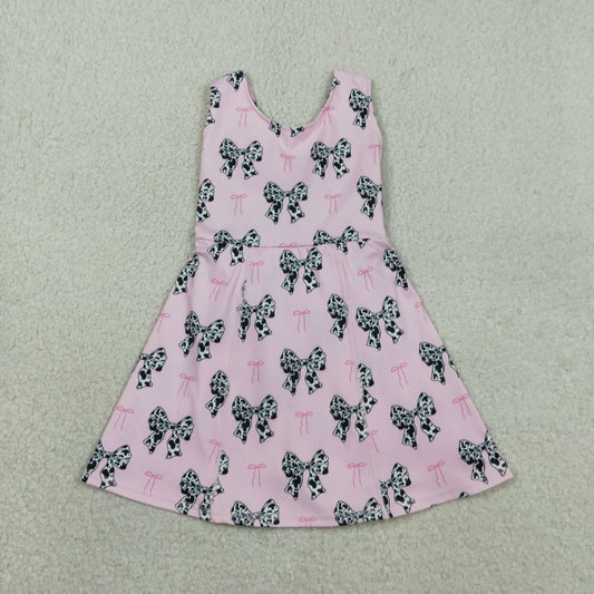 Baby Girls Sleeveless Cow Print Bows Pink Yoga Shorts Knee Length Dress RTS