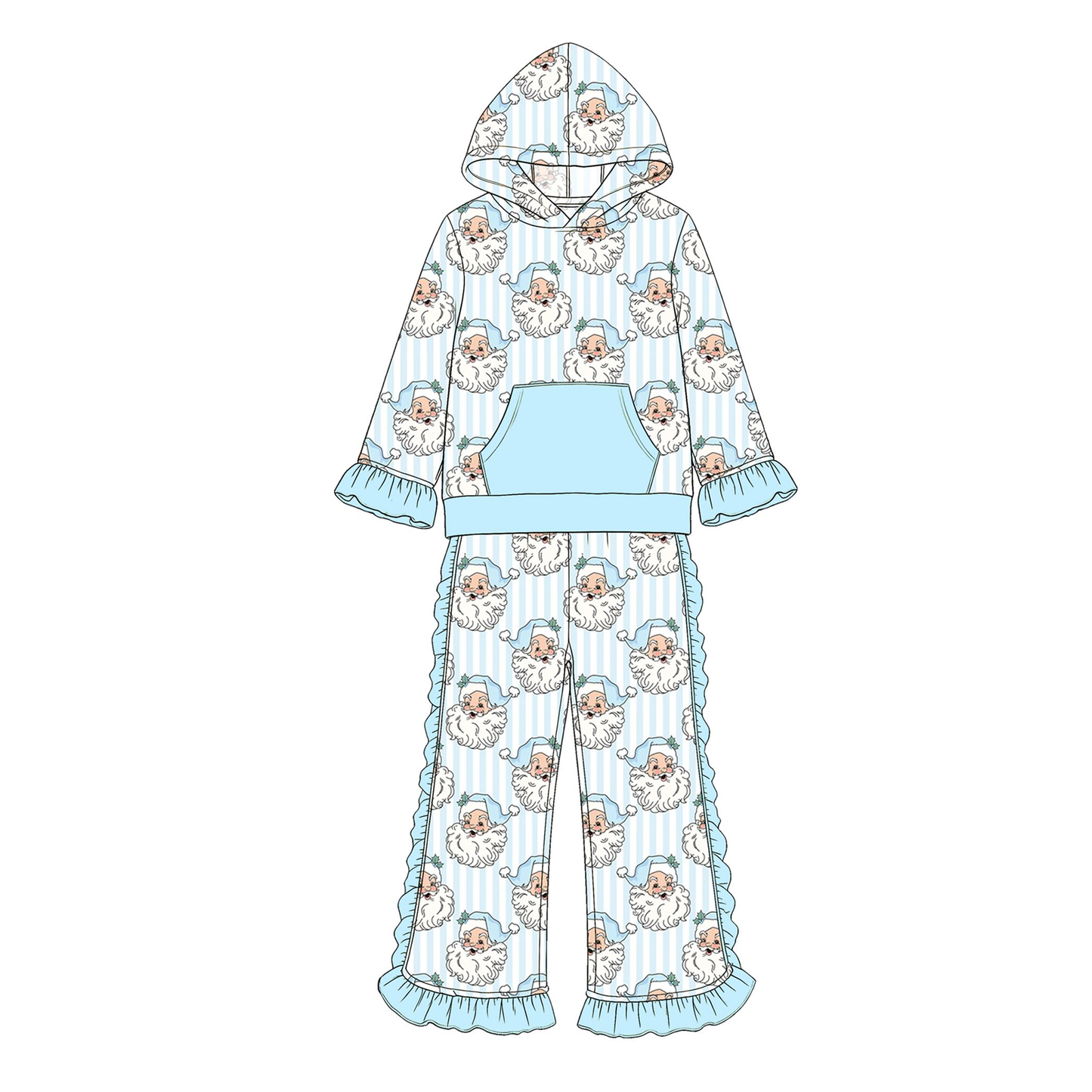 ( Moq 5 ) Preorder Baby Girls Kids Christmas Santa Blue Stripes Hoodie Pocket Hoodie Ruffle Pants Set Clothes