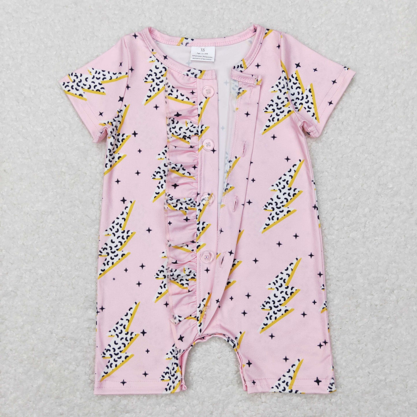SR0523 Baby Girl Short Sleeves Pink Zipper Ruffle One Piece Romper