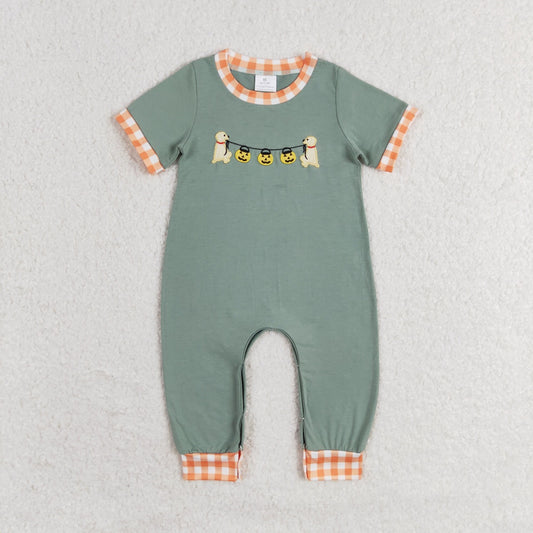 Baby Boy Short Sleeves Embroidery Dog Pumpkin Halloween Romper