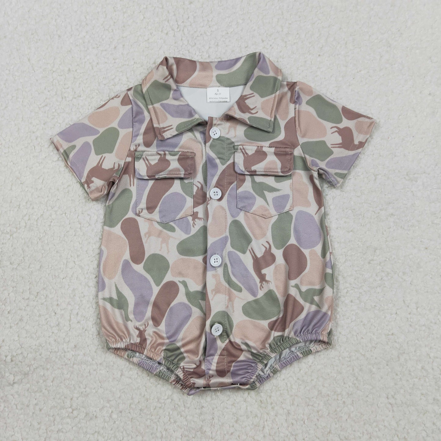Baby Boys Short Sleeves Ducks Deer Camo Buttons Pockets Romper RTS