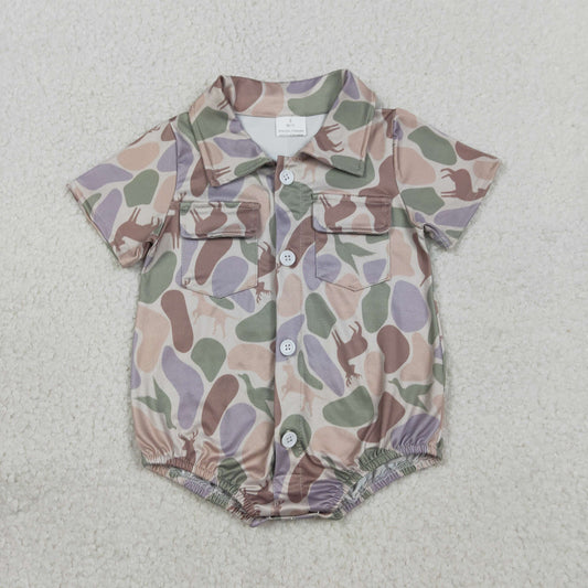 Baby Boys Short Sleeves Ducks Deer Camo Buttons Pockets Romper RTS