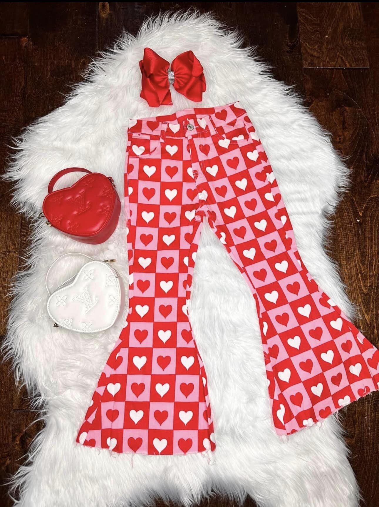 P0324 Valentine's Day Baby Girl Hearts Plaid Denim Jeans Bell Pants