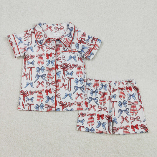 Baby Girl Short Sleeves 4th Of July Bows Buttons Shirt Shorts Pajamas Set RTS