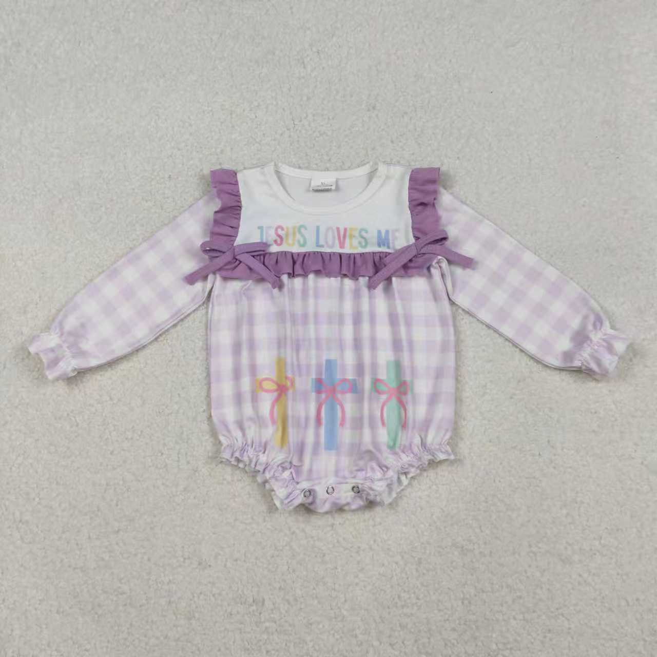 Sibling Girls Kids Long Sleeves Jesus Loves Me Purple Plaid Cross Easter Romper Dress RTS