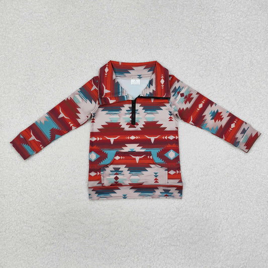 Baby Boy Long Sleeves Western Cow Skull Aztec Zipper Pullover Shirt