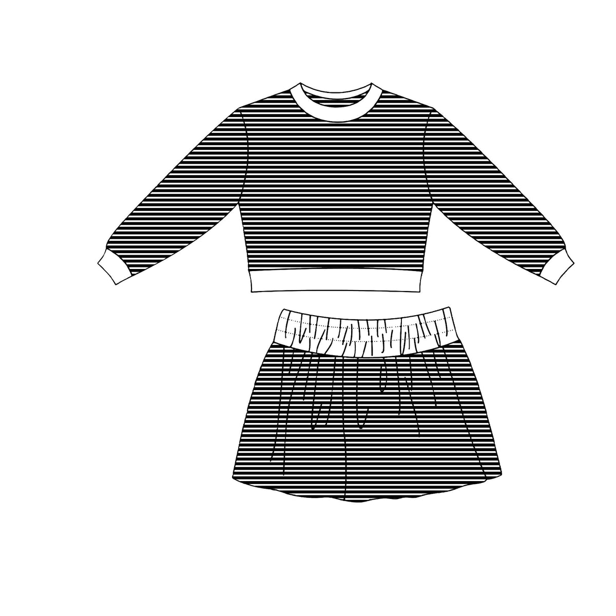 ( Moq 5 ) Preorder Baby Girls Kids Long Sleeves Shirt Skirt Shorts Black Stripes Set Yoga Clothes