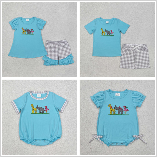 Baby Boy Girl Kids Short Sleeves Embroidery Animals Sibling Summer Blue Romper Clothes Set RTS