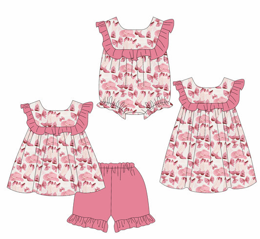 ( Moq 5 Each Style ) Baby Girls Kids Western Boots Bows Sibling Summer Romper Dress Set