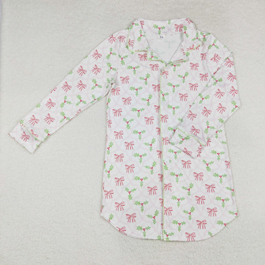Adult Women Long Sleeves Christmas Bows Holly Tops Sleepwear