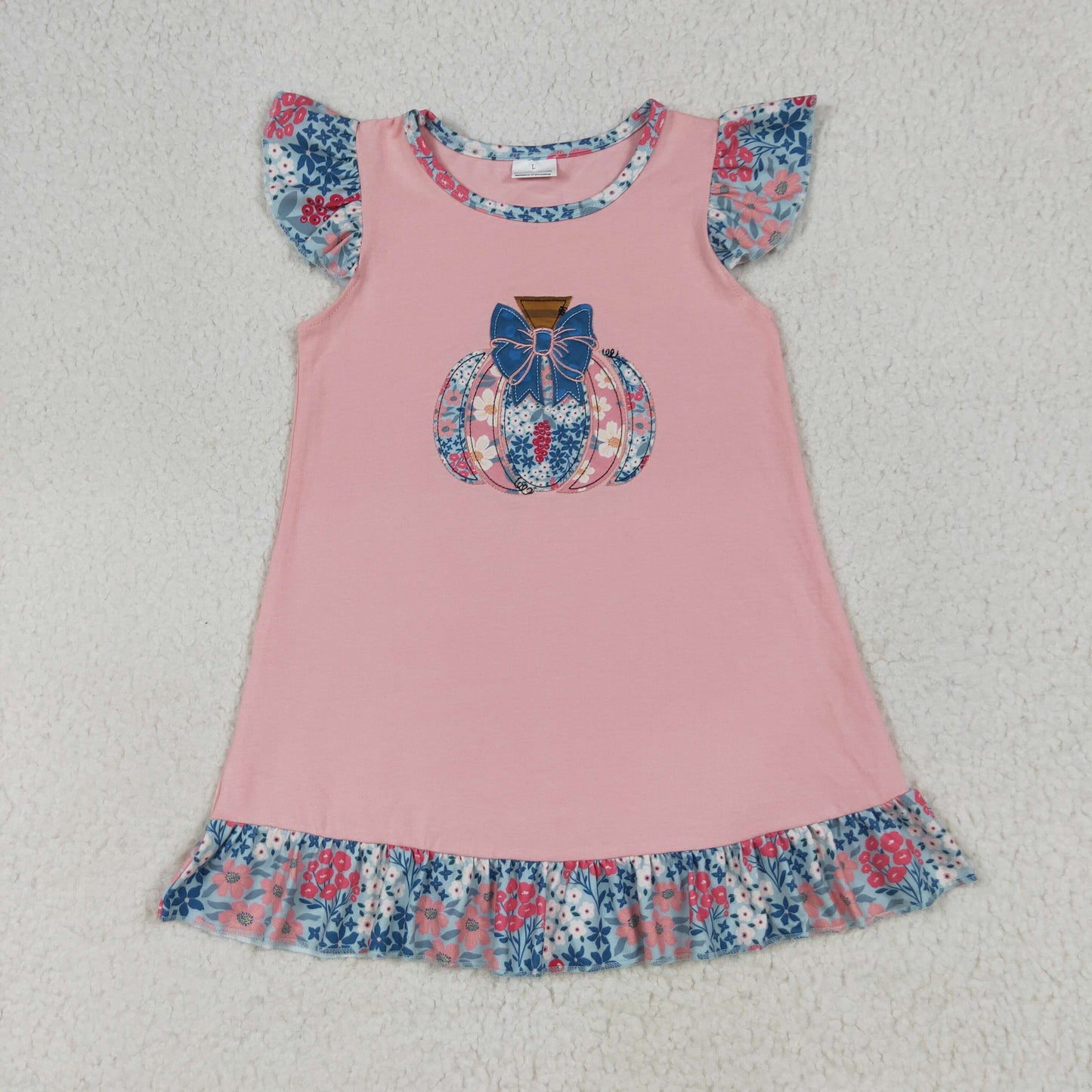 Baby Girl Short Sleeves Embroidery Flower Pumpkin Ruffle Pink Knee Length Dress RTS