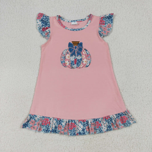 Baby Girl Short Sleeves Embroidery Flower Pumpkin Ruffle Pink Knee Length Dress RTS